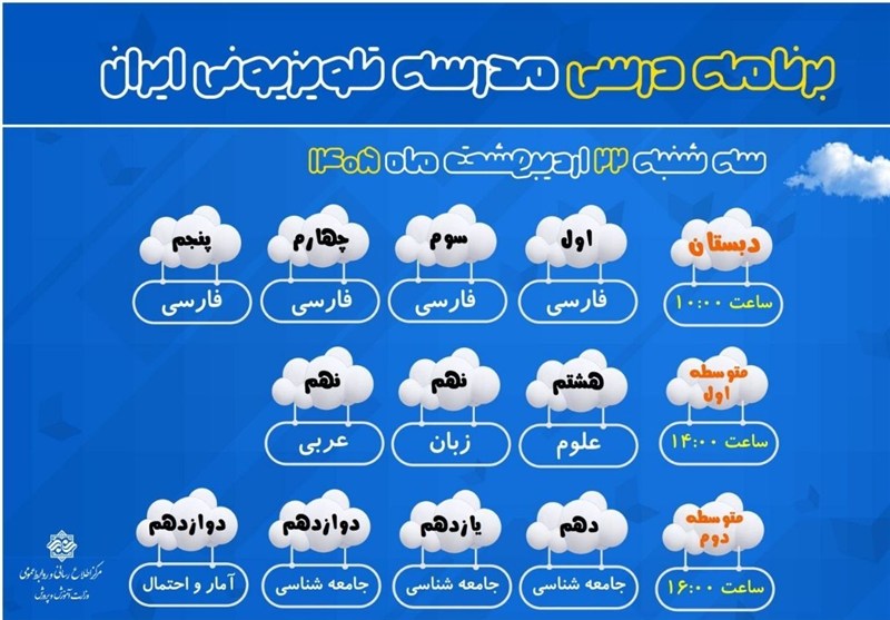 برنامه مدرسه تلویزیونی ایران برای 22 اردیبهشت